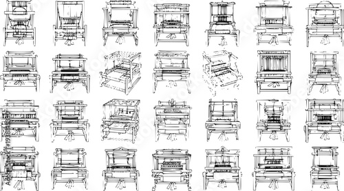 Historical Textile Industry Looms Collection: Black and White Line Art Technical Drawings of Weaving Machines