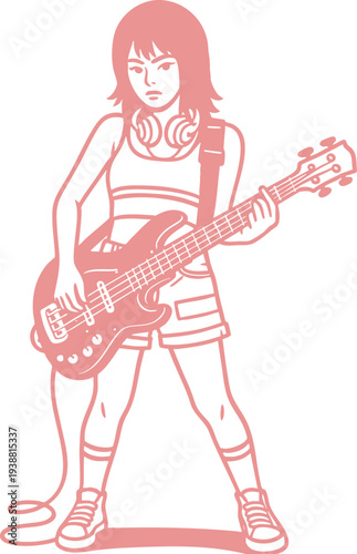 Illustration of a young girl playing a pink electric bass guitar, wearing headphones and shorts