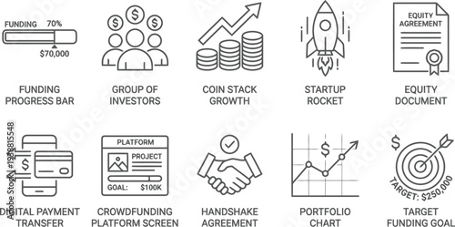 Crowdfunding and startup investment line icons set including funding progress and rocket growth
