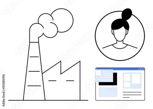 Environmental issues, identity verification, technology, digital interaction, industrialization, business communication. Factory with smoke, user profile and webpage interface. Environmental issues