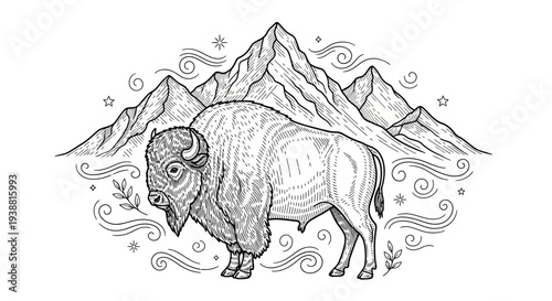 Bison standing in front mountain range.