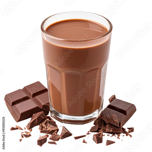 Delicious rich chocolate milk beverage in clear glass with chocolate bars and shavings sweet dessert drink refreshing cocoa drink isolated