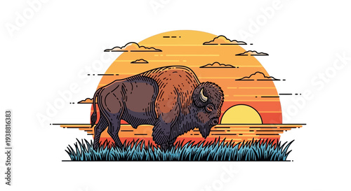 American Bison Walking in Profile View.