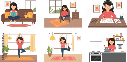 Set of 6 woman doing daily activities vector illustrations