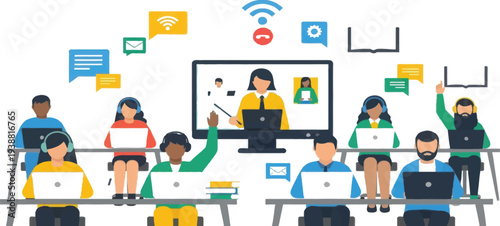 Set of people working on laptops and computers vector