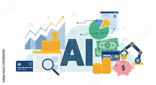 Artificial Intelligence Concept with Icons and Graphs.