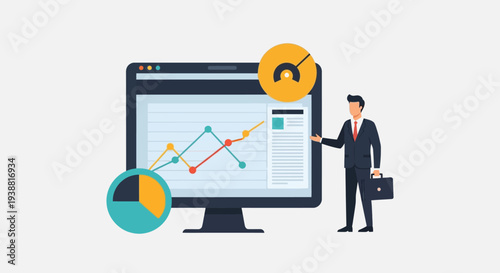 Businessman analyzing data on computer screen.