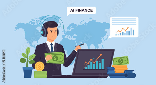 Cartoon Man Analyzing Finance Data on Laptop.
