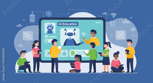 Diverse Group of People Using Large Digital Screen.