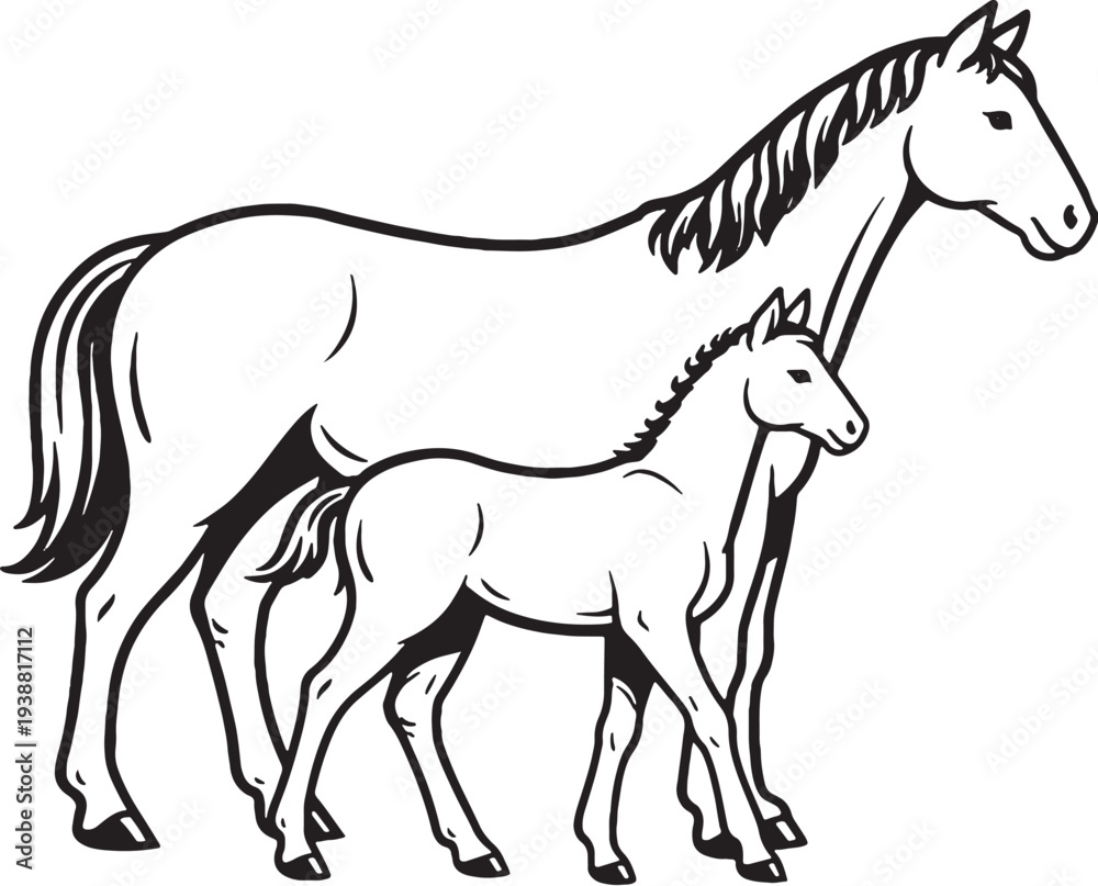 Obraz premium Horse And Foal Standing Side Together Black And White Line Art Illustration