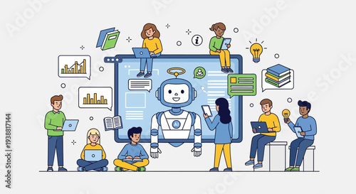 Robot Surrounded by People Working Together.