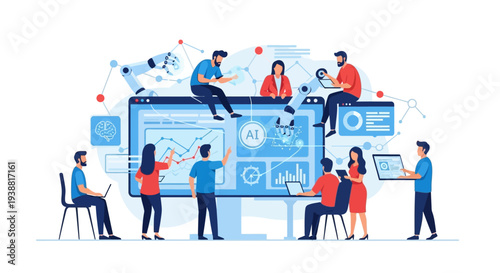 Team Collaborating on Large Computer Screen Project.