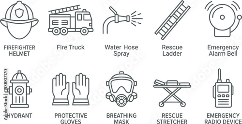 Emergency response icons set, firefighting equipment symbols, rescue tools, safety signs