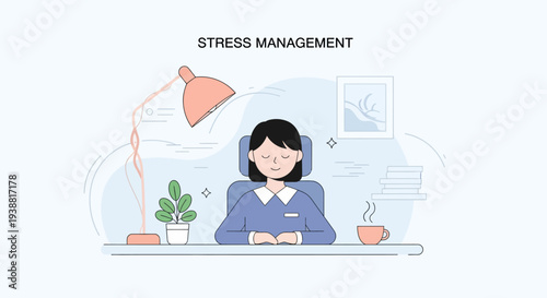 Woman Practicing Stress Management at Desk.