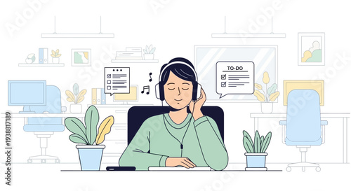 Woman Wearing Headphones at Desk Workspace.