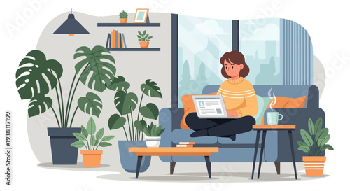 Woman Working on Laptop at Home.