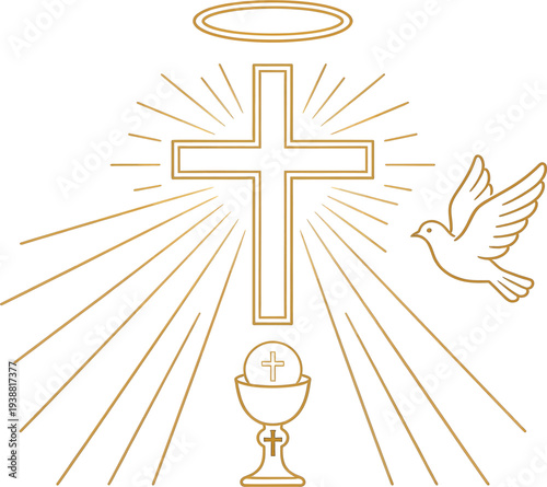 Minimal Christian Symbols Line Art, Cross Halo Light Rays Dove of Holy Spirit and Eucharist Chalice Vector