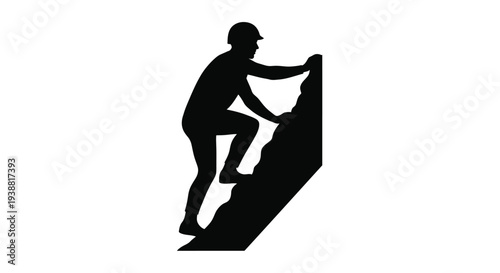 Silhouette vector graphic illustration depicting a determined worker wearing a safety helmet while actively ascending a steep rock face or incline outdoors.