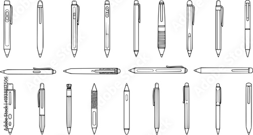 Black and White Line Art Collection of Various Pens and Pencils, Stationery, Office Supplies