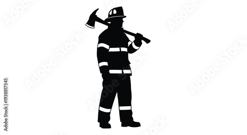 A striking vector graphic design presents a courageous professional firefighter in silhouette, holding an axe over his shoulder, symbolizing bravery, readiness, and essential service to the community.