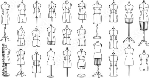 Fashion Industry Black  White Line Art Mannequins Collection