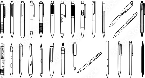 Black and White Line Art Vector Set of Various Pens and Writing Instruments. Outline Collection for Office, Stationery, Education, and Creative Design Assets.