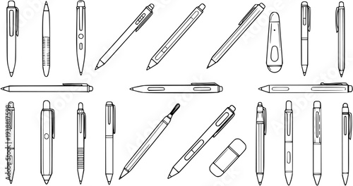 Collection of Various Pens and Pencil Eraser in Black and White Line Art Style