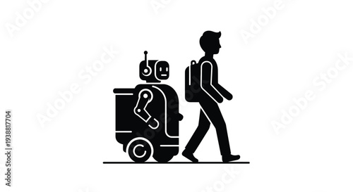 Vector graphic illustration depicts a modern delivery robot following a human figure wearing a backpack walking together.