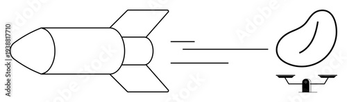 Science fiction, balance, metaphor, comparison, creativity, innovation. A missile flying towards a bean on a scale. Metaphor and comparison through unique imagery