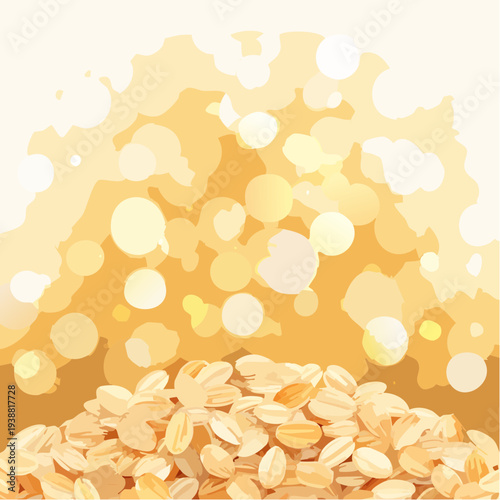Pile of Golden Rolled Oats with Soft Yellow Bokeh Lights Against a Fading White and Yellow Background