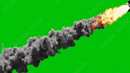 Military Ballistic Missile Flying with Fire and Smoke Green Screen