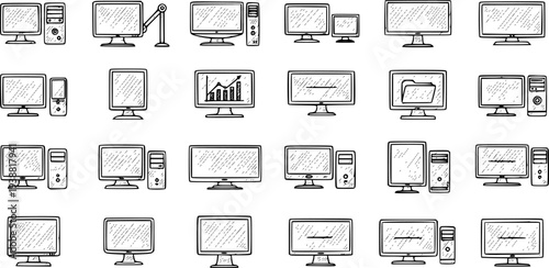 Black and White Line Art Collection of Various Computer Monitors and Peripherals