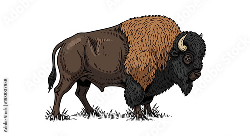 American Bison Standing in Profile View.