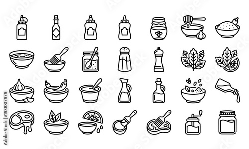 BBQ Sauces and Marinades Solid Icon Set – Ketchup, Mustard, Honey, Oil and Seasoning Icons