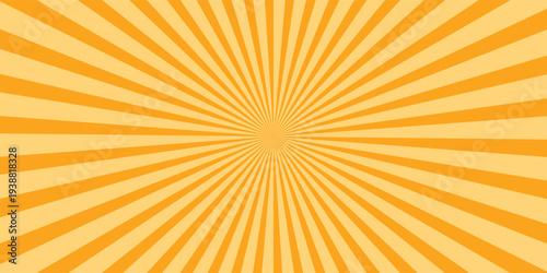 Orange stripes burst lines background. Sun ray light. Radiate sunlight. Vintage stripes halftone radial wallpaper for poster, banner.Circus background of spiral yellow orange rays vector.