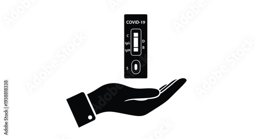 Illustration depicting a person's hand holding a positive COVID-19 rapid antigen test kit, indicating detection of the coronavirus pandemic infection and antibodies