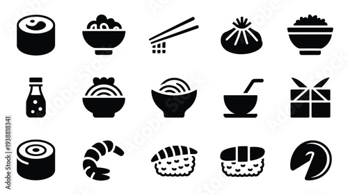 Asian food icons set including sushi noodles dumplings and chopsticks in black silhouette on white background for culinary and restaurant design