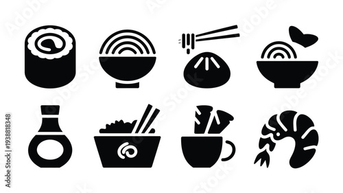 Asian food icons set including sushi noodles dumplings and shrimp black silhouettes on white background for culinary design