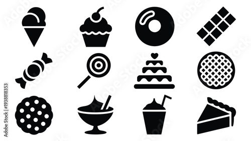 Vector collection of assorted sweet treats and desserts icons including ice cream cupcakes donuts cakes chocolates candies and fruit