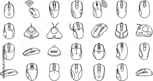 Black and White Line Art Icons of Various Computer Mouse Types for Technology Design