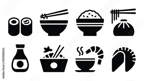 Asian food silhouette icons set including sushi noodles rice and chopsticks on white background for culinary themes