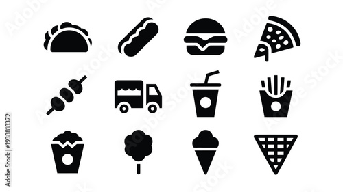 Vector logo pack displaying twelve food icons including burgers pizza hot dog tacos and drinks on white background