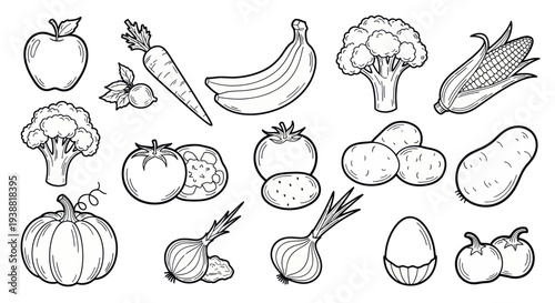 Hand Drawn Sketch of Various Fresh Fruits and Vegetables Collection.