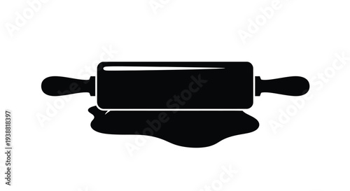 Minimalist black silhouette icon of a classic kitchen rolling pin pressing fresh dough, perfect for baking, pastry, cooking, and culinary food preparation designs on a white background.