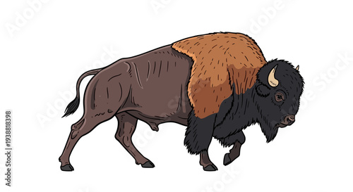 American Bison Walking Side View Profile.