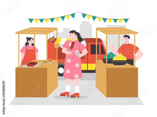 Two vendors behind wooden stalls, with one selling grilled skewers and the other displaying bowls of food. Asian street food illustrations. Flat vector concept.