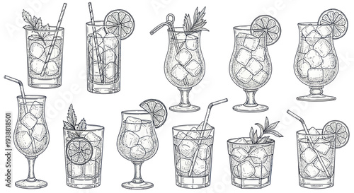 Hand drawn sketch set of various refreshing cocktails with ice and garnishes.