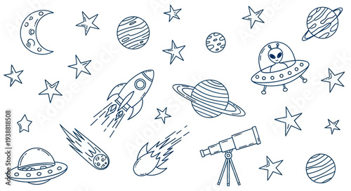Hand drawn space elements set with rockets, planets, stars, and UFOs.