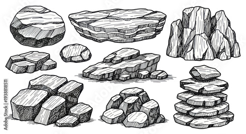Hand drawn sketch set of various rocks and stones in different shapes and sizes.
