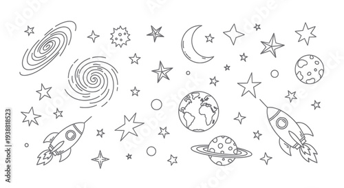 Hand drawn space elements with rockets planets and galaxies.